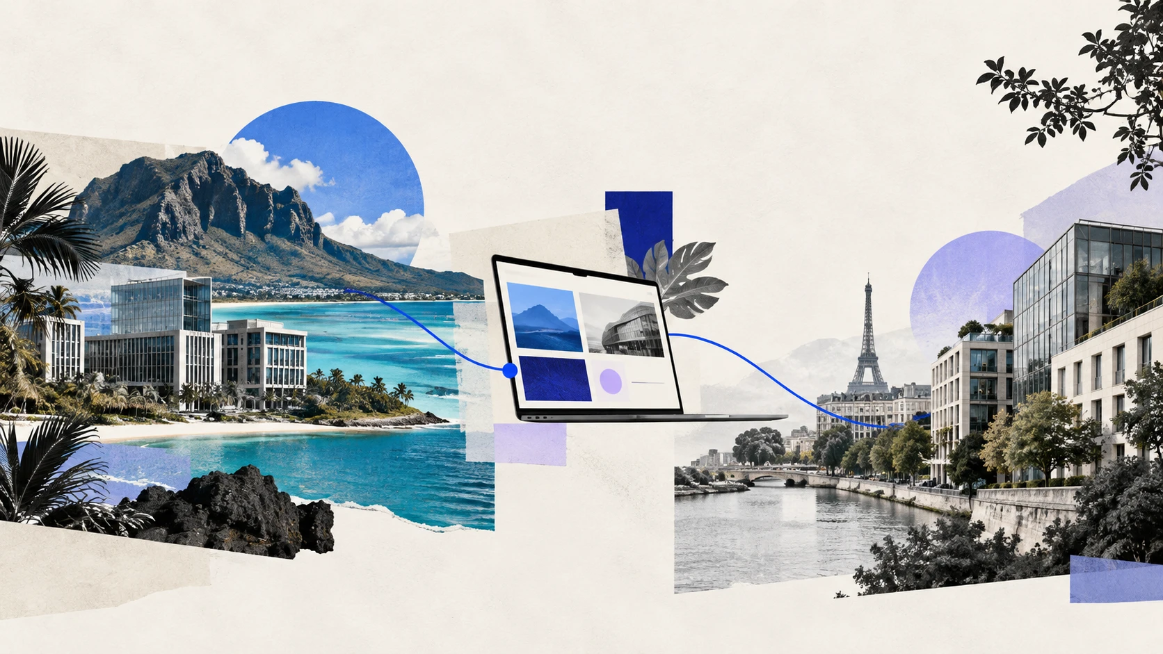 Editorial illustration connecting Mauritius and France through a shared digital workspace.